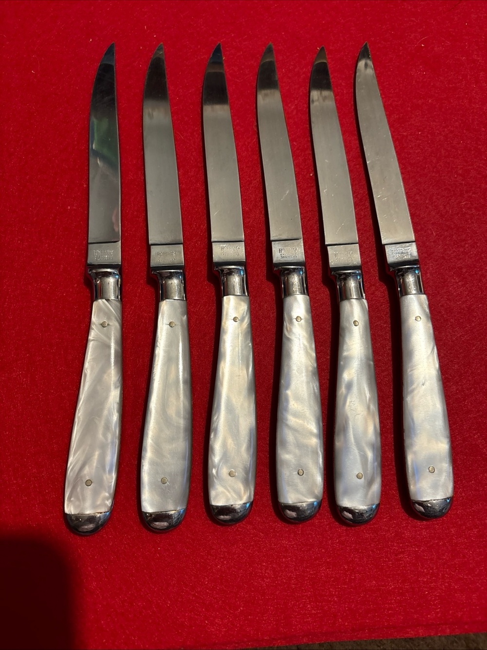 Unique Vintage Pearl-Effect Handle Steak Knives with Silver Blades , Germany